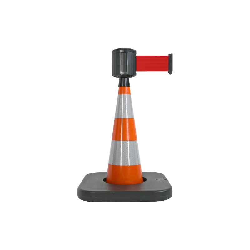 Cône de balisage avec base à lester et sangle enrouleur 100mm largeur