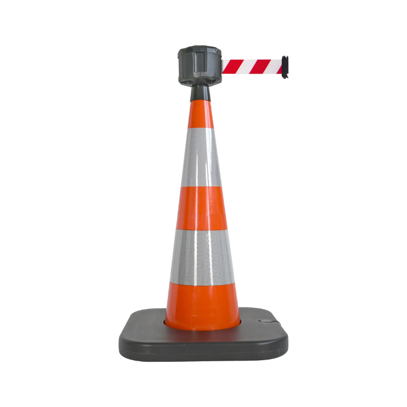 Cône de balisage avec base à lester et sangle enrouleur 50mm largeur