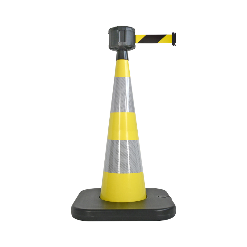 Cône de balisage avec base à lester et sangle enrouleur 50mm largeur