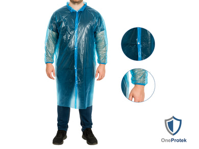 ONEPROTEK Blouses Imperméables Jetables à Boutons Pression – Carton de 30 sachets de 10 – Bleu