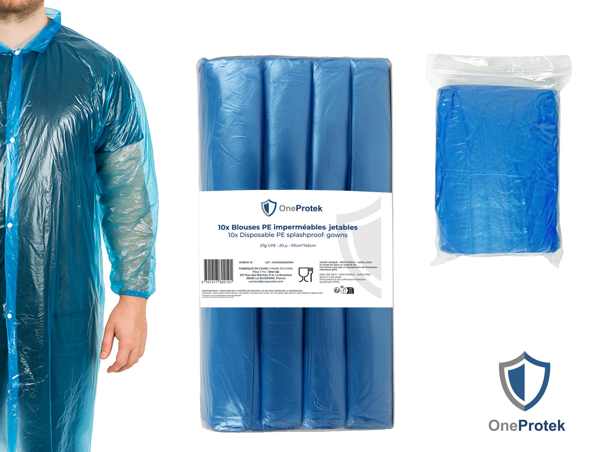 ONEPROTEK Blouses Imperméables Jetables à Boutons Pression – Carton de 30 sachets de 10 – Bleu