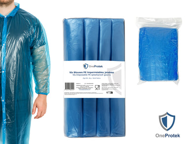 ONEPROTEK Blouses Imperméables Jetables à Boutons Pression – Carton de 30 sachets de 10 – Bleu