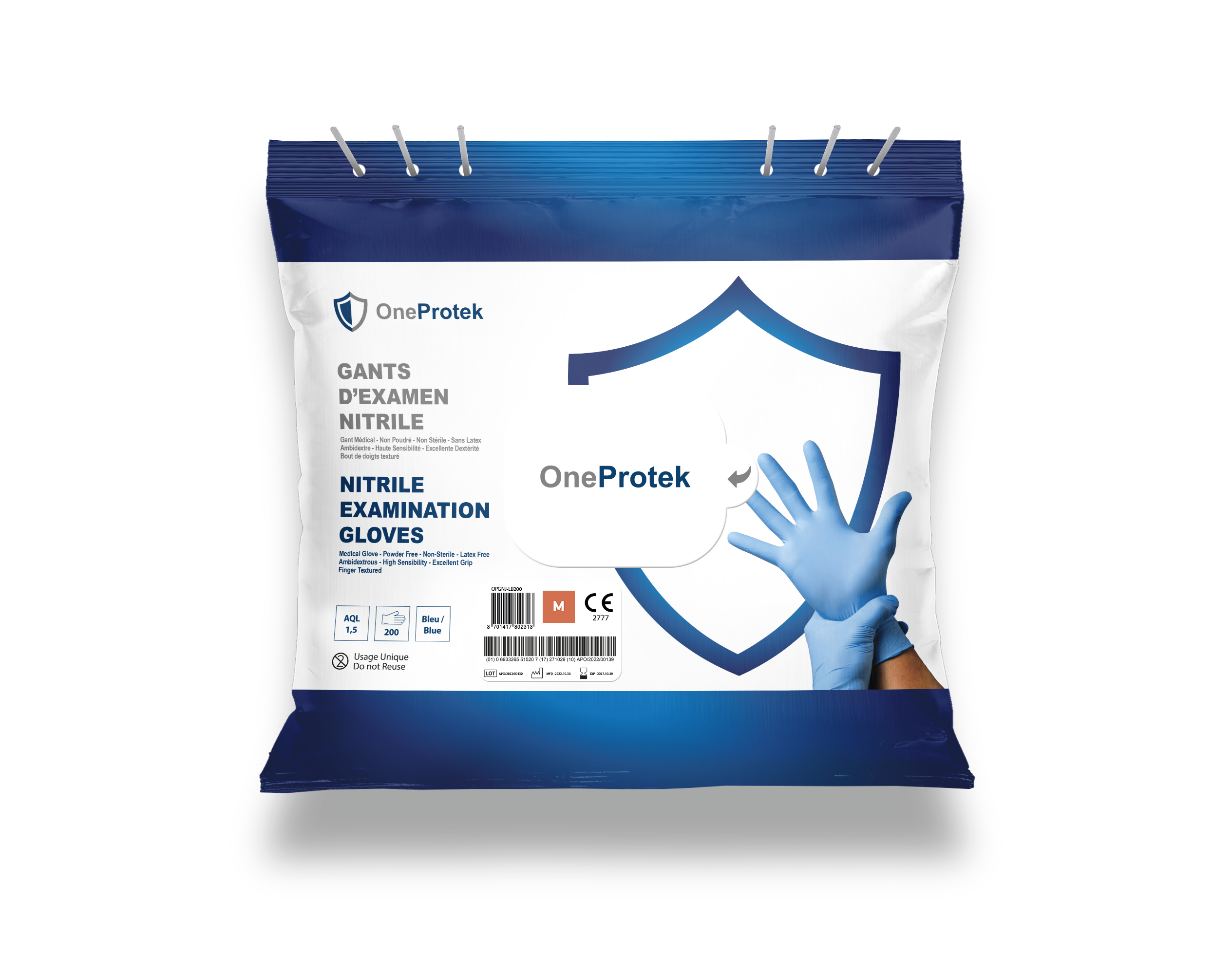 ONEPROTEK Gants d'Examen Nitrile Bleus – Carton de 5 sachets refermables de 200
