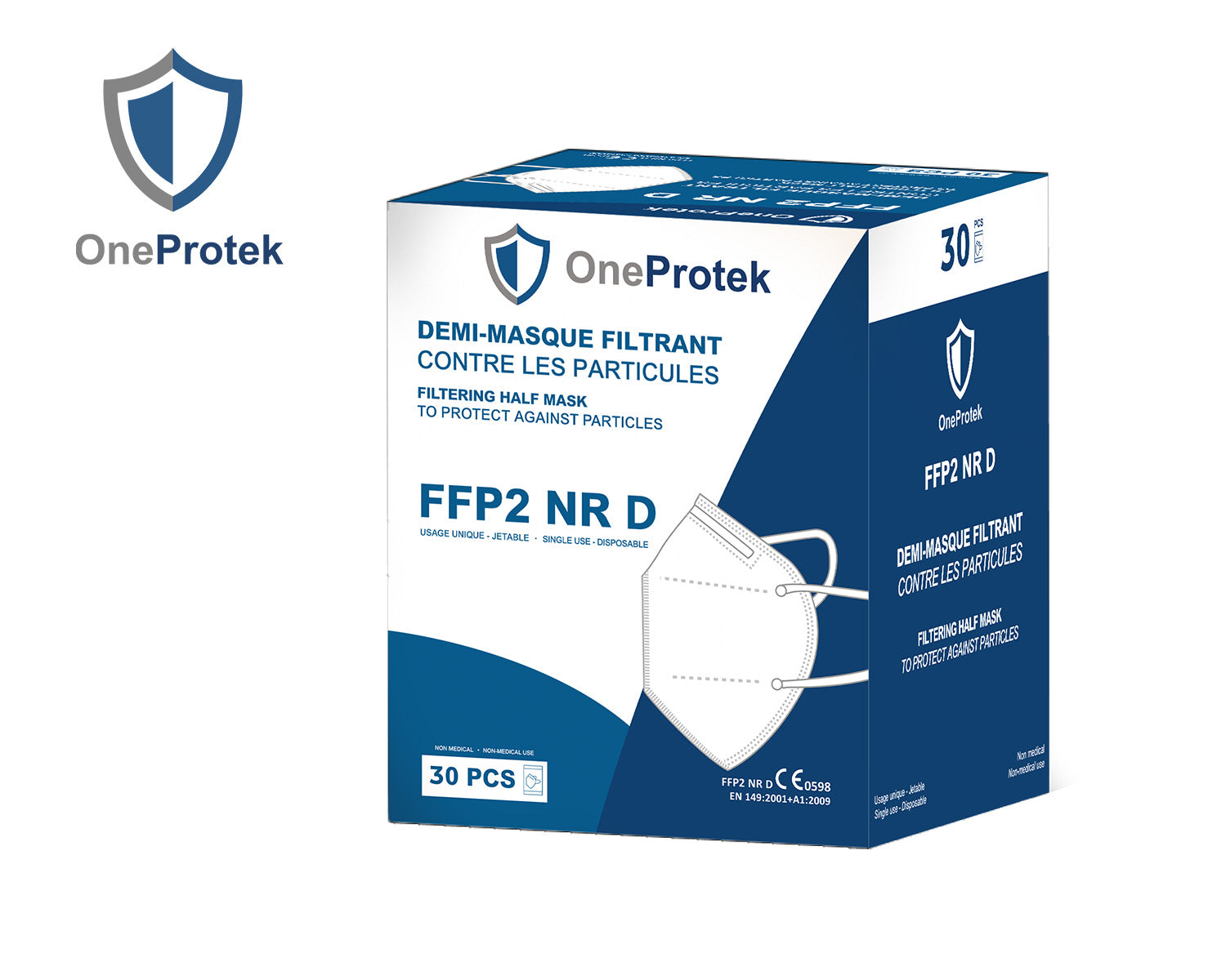 ONEPROTEK Masques de Protection Respiratoire FFP2 NR D – Carton de 30 boîtes de 30 – Emballage individuel