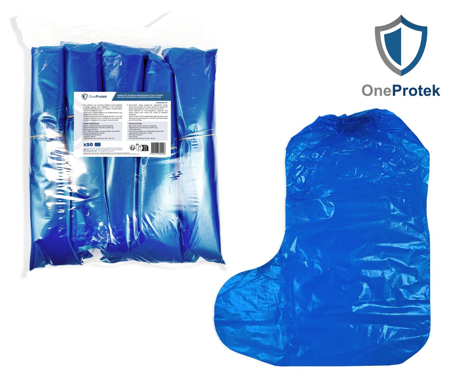 ONEPROTEK Surbottes Imperméables Jetables LDPE 58µ – Carton de 10 sachets de 50
