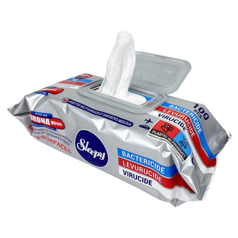 Lingettes Désinfectantes Antibactériennes Sleepy – Carton de 12 packs de 100 – Mains et Surfaces