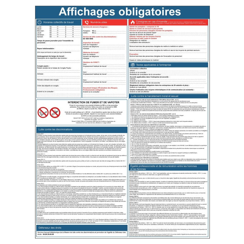 Panneau d'affichage consignes légales