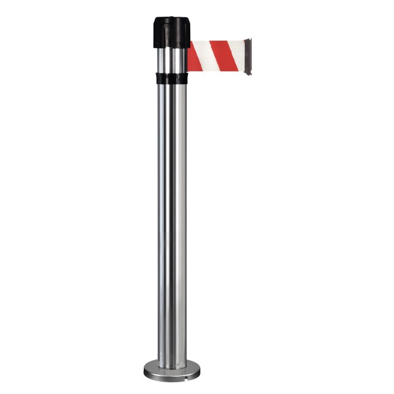 Poteau chromé base à fixer - sangle 4m/100mm rouge/blanche