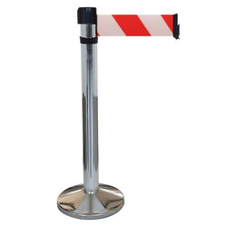 Poteau de guidage chromé à sangle 4m×100mm rouge – Base lestée, anti-panique, intérieur
