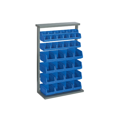 Rack acier simple face avec bacs à bec - 34 bacs de 0,5L à 10L, rouge ou bleu