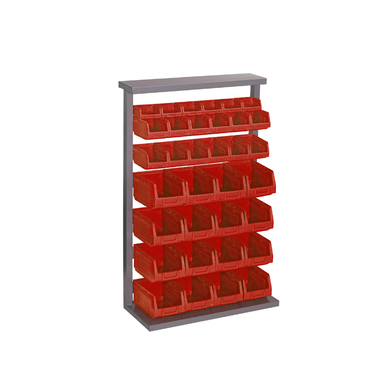 Rack acier simple face avec bacs à bec - 34 bacs de 0,5L à 10L, rouge ou bleu