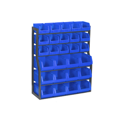 Rack acier simple face avec bacs à bec - 34 bacs de 0,5L à 10L, rouge ou bleu
