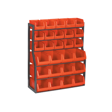 Rack acier simple face avec bacs à bec - 34 bacs de 0,5L à 10L, rouge ou bleu