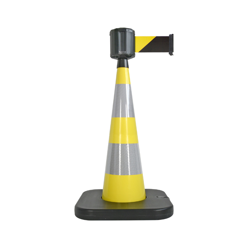 Cône de balisage avec base à lester et sangle enrouleur 100mm largeur