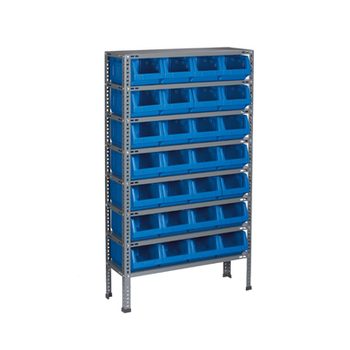 Étagère de rayonnage simple façade en acier - 18 bacs polypropylène 28L, H. 1 600 mm