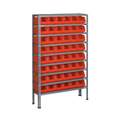 Étagère de rayonnage simple façade en acier - 18 bacs polypropylène 28L, H. 1 600 mm