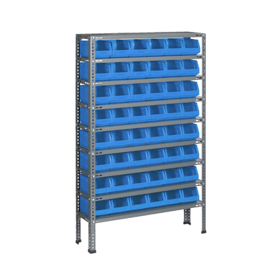 Étagère de rayonnage simple façade en acier - 18 bacs polypropylène 28L, H. 1 600 mm