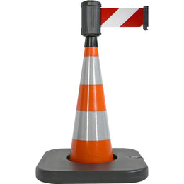 Cône de balisage orange 85cm avec sangle enrouleur rouge 4m - base lestable, boîtier étanche