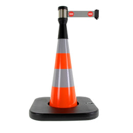 Cône de balisage orange 85cm avec sangle enrouleur rouge 4m - base lestable, boîtier étanche