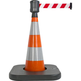 Cône de balisage orange 85cm avec sangle enrouleur rouge 4m - base lestable, boîtier étanche