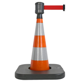 Cône de balisage orange 85cm avec sangle enrouleur rouge 4m - base lestable, boîtier étanche