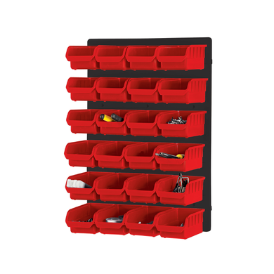 Panneau pour atelier à fixer - 24 ou 28 bacs polypropylène + supports d'outils