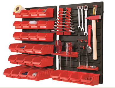 Panneau pour atelier à fixer - 24 ou 28 bacs polypropylène + supports d'outils