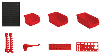Panneau pour atelier à fixer - 24 ou 28 bacs polypropylène + supports d'outils