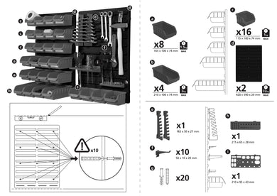 Panneau pour atelier à fixer - 24 ou 28 bacs polypropylène + supports d'outils