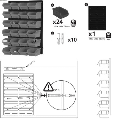 Panneau pour atelier à fixer - 24 ou 28 bacs polypropylène + supports d'outils