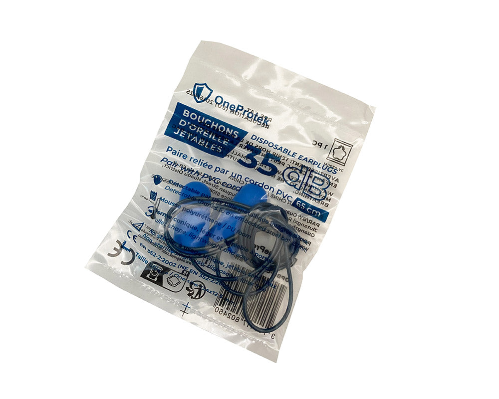 ONEPROTEK Bouchons d'Oreilles Jetables Détectables 35dB avec Cordon – Carton de 10 sachets de 200 paires