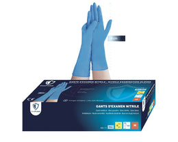 Gants Nitrile Manchette Longue 290 mm Bleus – Carton de 10 boîtes de 100