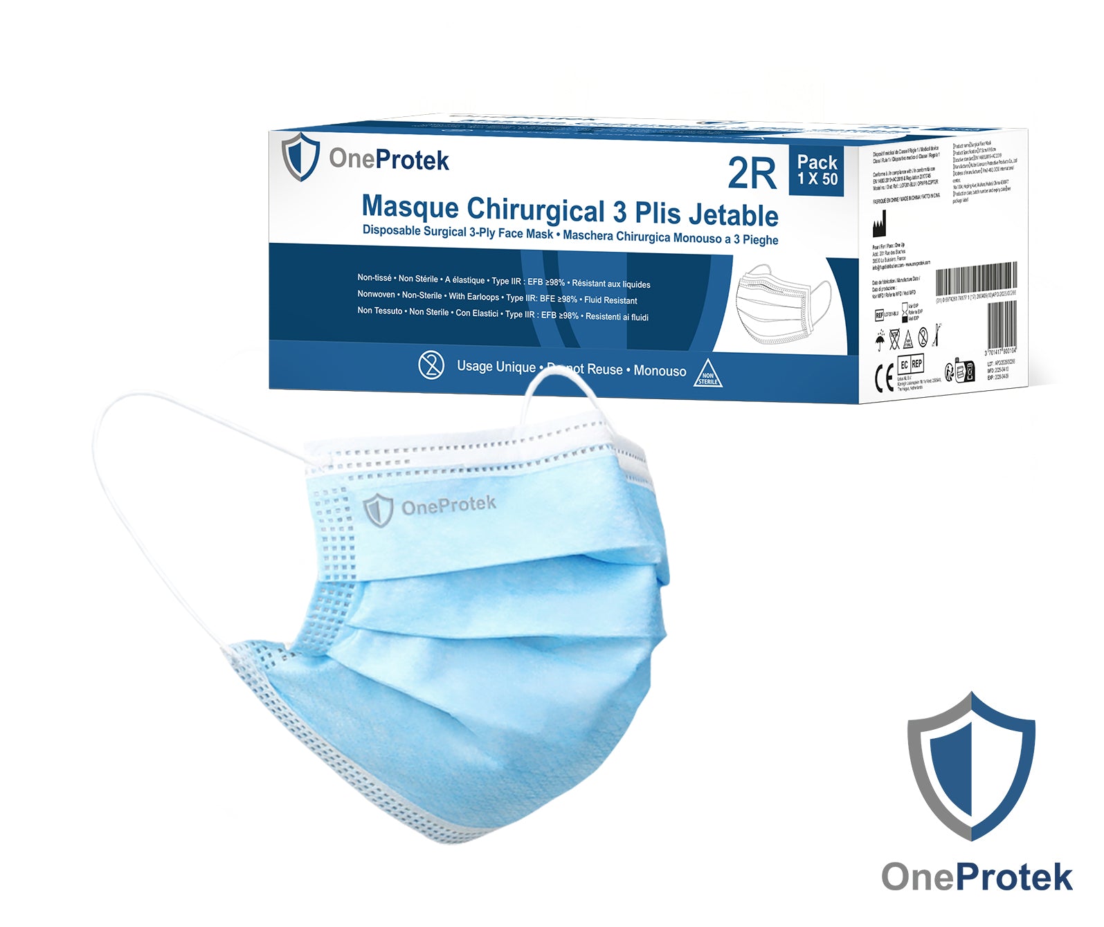ONEPROTEK Masques Chirurgicaux 3 Plis Type IIR EN 14683 – Carton de 40 boîtes de 50