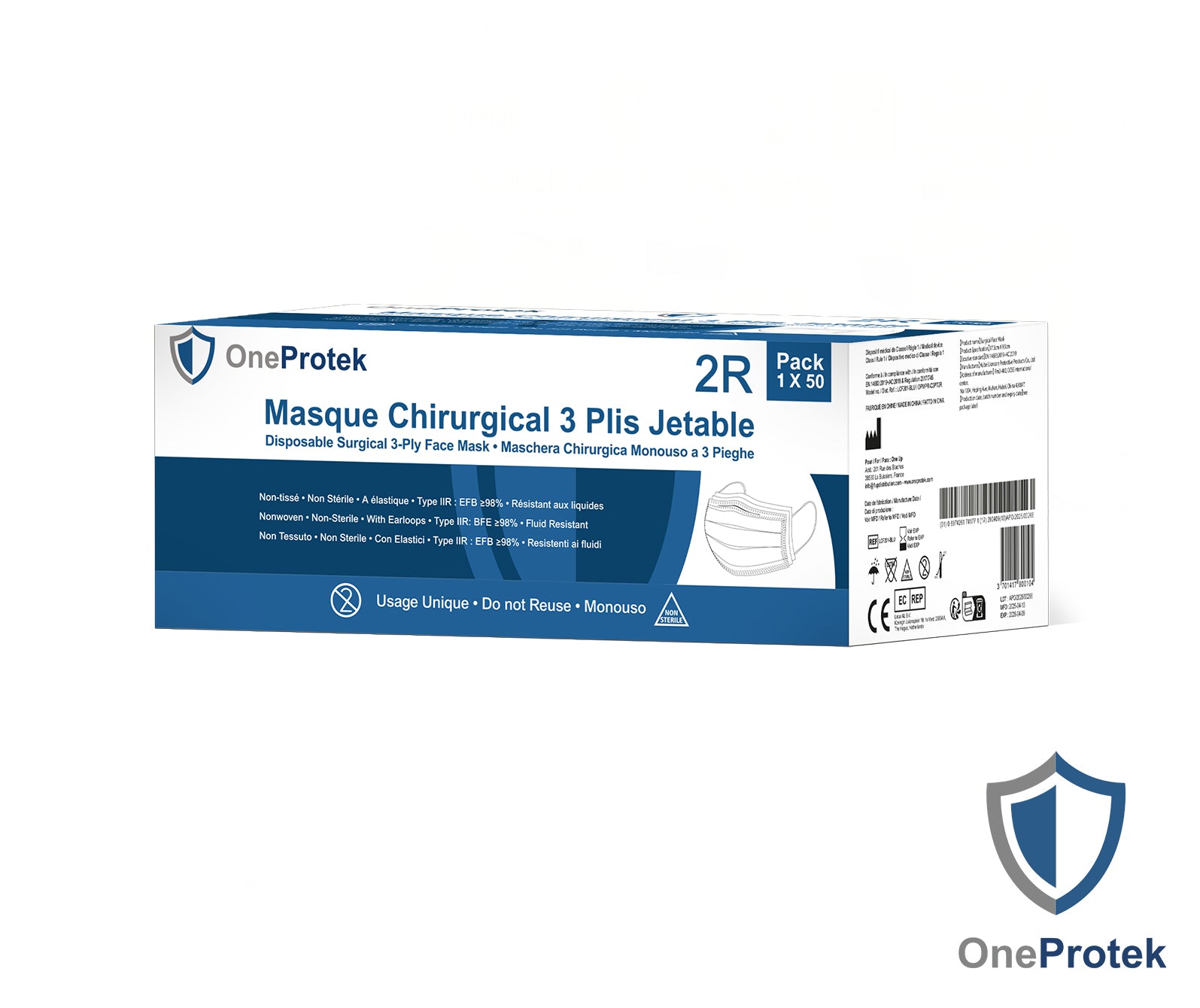 ONEPROTEK Masques Chirurgicaux 3 Plis Type IIR EN 14683 – Carton de 40 boîtes de 50