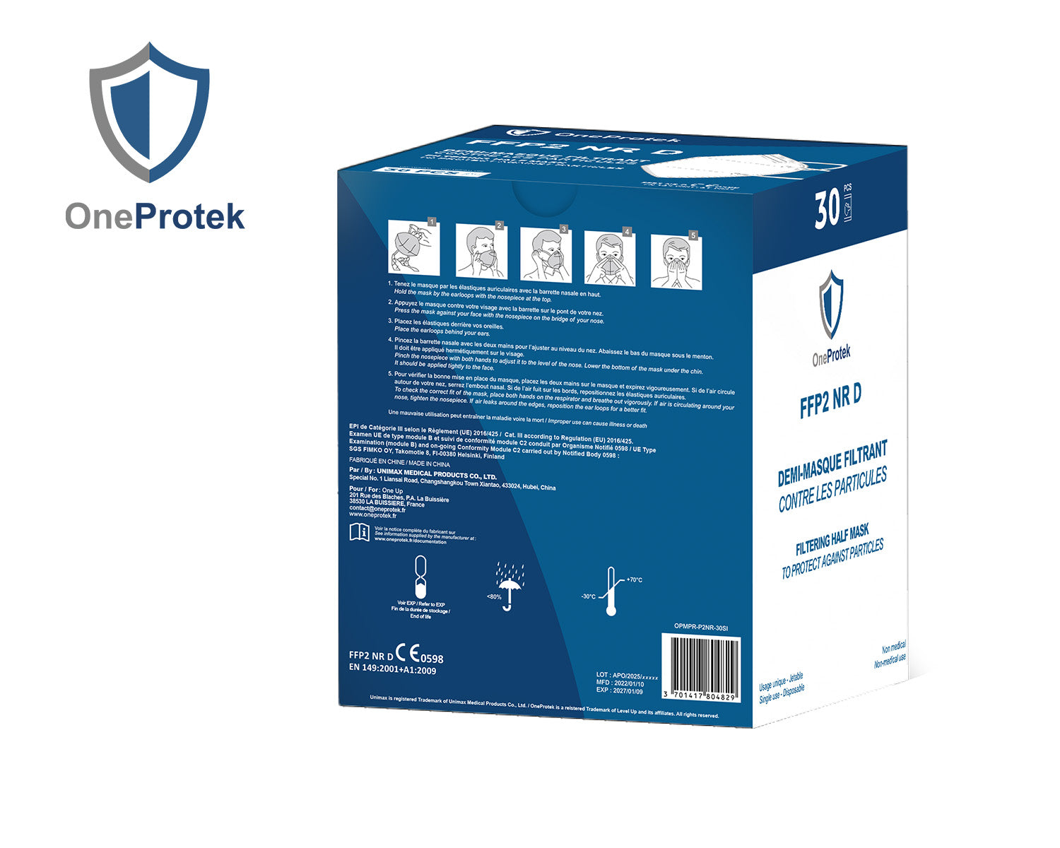 ONEPROTEK Masques de Protection Respiratoire FFP2 NR D – Carton de 30 boîtes de 30 – Emballage individuel