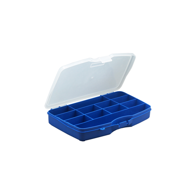 Boîte rangement à compartiments fixes : 7, 10 ou 12 cases transparent ou bleu