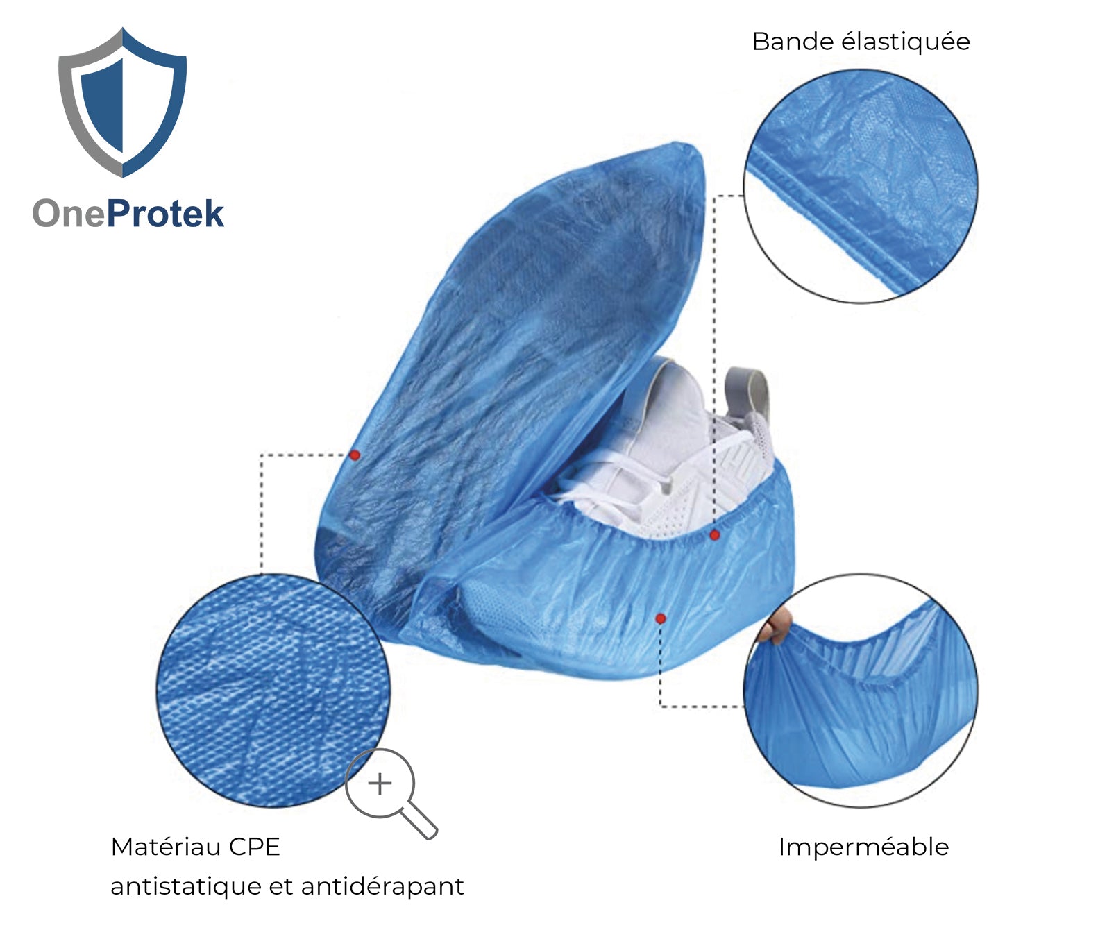 ONEPROTEK Surchaussures Imperméables Jetables CPE – Carton de 20 sachets de 100 – Bleu – Taille Unique