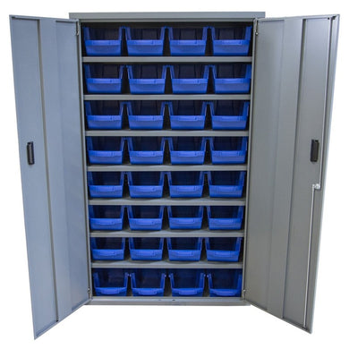 Armoire à bacs avec portes verrouillables - 40 bacs polypropylène, structure acier