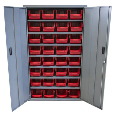 Armoire à bacs avec portes verrouillables - 40 bacs polypropylène, structure acier