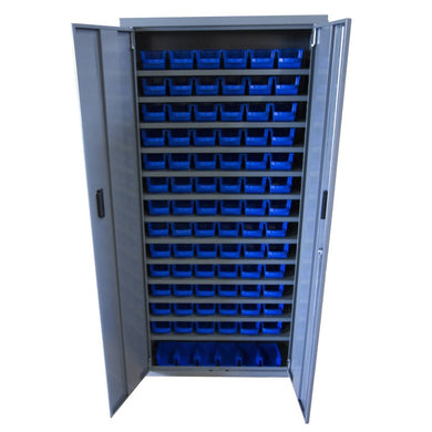Armoire à bacs avec portes verrouillables - 40 bacs polypropylène, structure acier