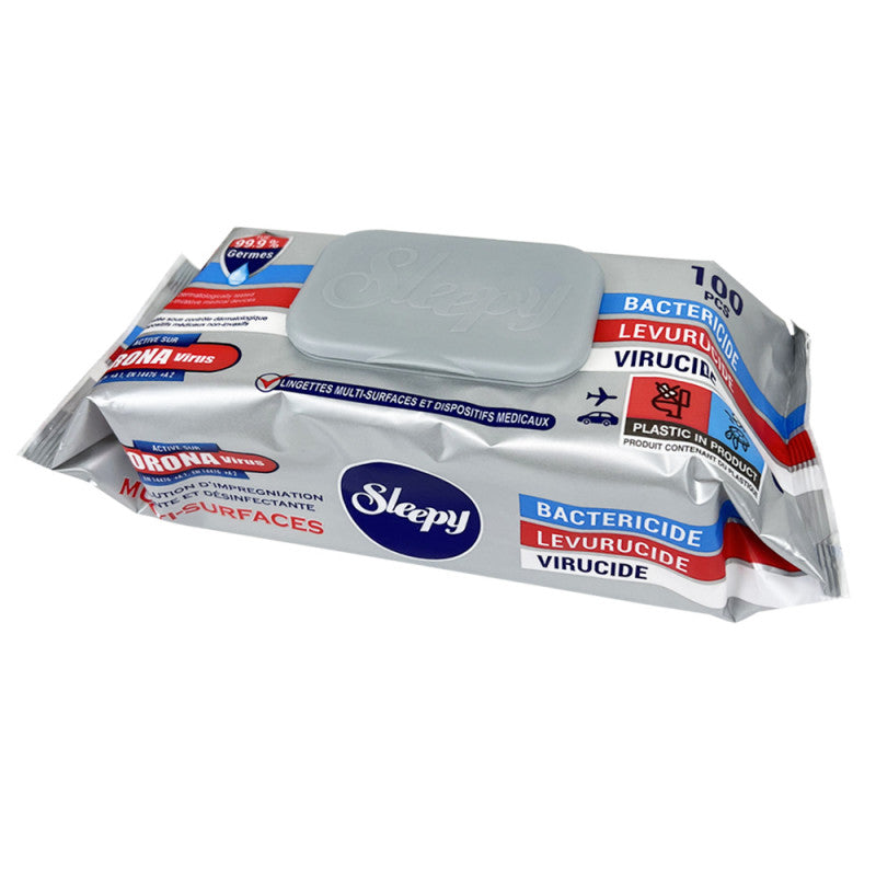 Lingettes Désinfectantes Antibactériennes Sleepy – Carton de 12 packs de 100 – Mains et Surfaces
