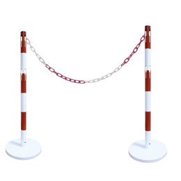 Kit 6 poteaux de balisage acier avec chaîne 10m – rouge/blanc, base béton