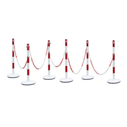 Kit 6 poteaux de balisage acier avec chaîne 10m – rouge/blanc, base béton