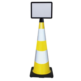 Cône PVC 90cm avec panneau d'information A4 - base lestée, classe 2, portrait ou paysage
