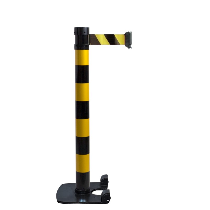 Poteau à Sangle Acier Noir - Hauteur 91 Cm, Sangle Jaune 3 M - Base Lestée, Pour Guidage Foule Intérieur - 4