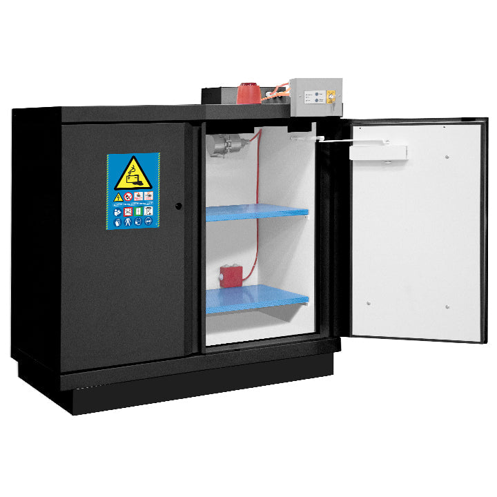 Armoire anti-feu 90 min batteries lithium basse 2 portes – Alarme + recharge – Blanc